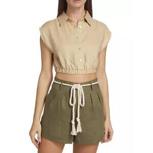 Hevron Belen Linen Button Front Elastic Waist Crop Top Sand Tan Women's Size XS